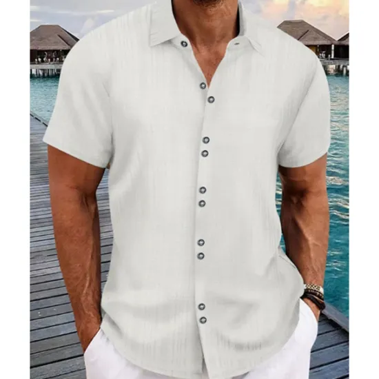 Online OUKU Men's Shirt Summer Shirt Casual Shirt Beach Shirt Button Up Shirt Black White Navy Blue Sky Blue khaki Short Sleeve Plain Lapel Vacation Hawaiian Buttons Clothing Apparel Polyester Fashion Casual