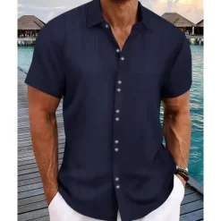 Online OUKU Men's Shirt Summer Shirt Casual Shirt Beach Shirt Button Up Shirt Black White Navy Blue Sky Blue khaki Short Sleeve Plain Lapel Vacation Hawaiian Buttons Clothing Apparel Polyester Fashion Casual