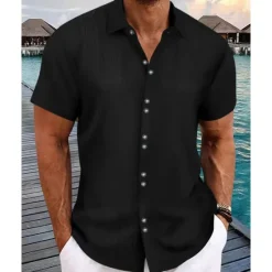 Online OUKU Men's Shirt Summer Shirt Casual Shirt Beach Shirt Button Up Shirt Black White Navy Blue Sky Blue khaki Short Sleeve Plain Lapel Vacation Hawaiian Buttons Clothing Apparel Polyester Fashion Casual