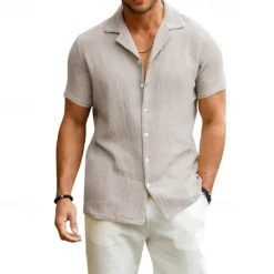 Outlet OUKU Men's Shirt Summer Shirt Casual Shirt Beach Shirt Button Up Shirt Black White Sky Blue khaki Gray Short Sleeve Plain Lapel Vacation Hawaiian Clothing Apparel Polyester Fashion Casual Comfortable