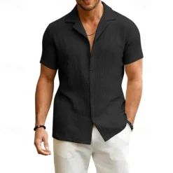 Outlet OUKU Men's Shirt Summer Shirt Casual Shirt Beach Shirt Button Up Shirt Black White Sky Blue khaki Gray Short Sleeve Plain Lapel Vacation Hawaiian Clothing Apparel Polyester Fashion Casual Comfortable