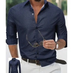 Discount OUKU Men's Shirt Summer Shirt Casual Shirt Beach Shirt Button Up Shirt White Navy Blue Purple Dark Blue Light Blue Long Sleeve Polka Dot Lapel Vacation Hawaiian Button-Down Clothing Apparel Polyester
