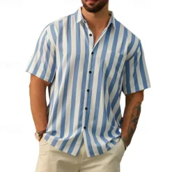 Online OUKU Men's Shirt Summer Shirt Casual Shirt Beach Shirt Button Up Shirt Light Green Blue Green Gray Short Sleeve Stripes Lapel Vacation Hawaiian Clothing Apparel Polyester Fashion Casual Comfortable