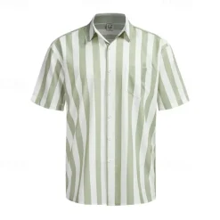 Online OUKU Men's Shirt Summer Shirt Casual Shirt Beach Shirt Button Up Shirt Light Green Blue Green Gray Short Sleeve Stripes Lapel Vacation Hawaiian Clothing Apparel Polyester Fashion Casual Comfortable