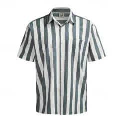 Online OUKU Men's Shirt Summer Shirt Casual Shirt Beach Shirt Button Up Shirt Light Green Blue Green Gray Short Sleeve Stripes Lapel Vacation Hawaiian Clothing Apparel Polyester Fashion Casual Comfortable