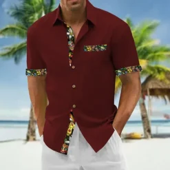 OUKU Men's Shirt Summer Shirt Casual Shirt Beach Shirt Button Up Shirt Black White Wine Green Dark Gray Short Sleeve Printing Lapel Vacation Hawaiian Clothing Apparel Polyester Fashion Casual Comfortable