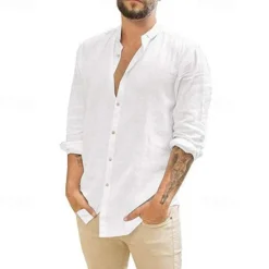 Online OUKU Men's Shirt Summer Shirt Casual Shirt Beach Shirt Button Up Shirt Black White Navy Blue Green Apricot Long Sleeve Plain Lapel Vacation Hawaiian Button-Down Clothing Apparel Polyester Fashion Casual