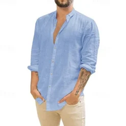 Online OUKU Men's Shirt Summer Shirt Casual Shirt Beach Shirt Button Up Shirt Black White Navy Blue Green Apricot Long Sleeve Plain Lapel Vacation Hawaiian Button-Down Clothing Apparel Polyester Fashion Casual
