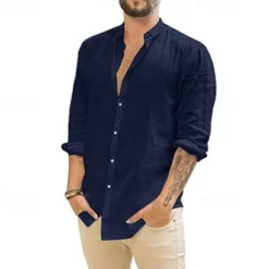 Online OUKU Men's Shirt Summer Shirt Casual Shirt Beach Shirt Button Up Shirt Black White Navy Blue Green Apricot Long Sleeve Plain Lapel Vacation Hawaiian Button-Down Clothing Apparel Polyester Fashion Casual