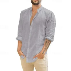Online OUKU Men's Shirt Summer Shirt Casual Shirt Beach Shirt Button Up Shirt Black White Navy Blue Green Apricot Long Sleeve Plain Lapel Vacation Hawaiian Button-Down Clothing Apparel Polyester Fashion Casual