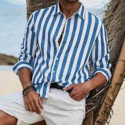 Sale OUKU Men's Shirt Summer Shirt Casual Shirt Striped Shirt Button Up Shirt Long Sleeve Stripe Collar Vacation Daily Clothing Apparel Fashion Casual Blue