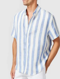 Best OUKU Men's Shirt Summer Shirt Casual Shirt Beach Shirt Button Up Shirt Short Sleeve Stripes Lapel Vacation Daily Clothing Apparel Cotton Cotton Blend Fashion Casual Comfortable Blue