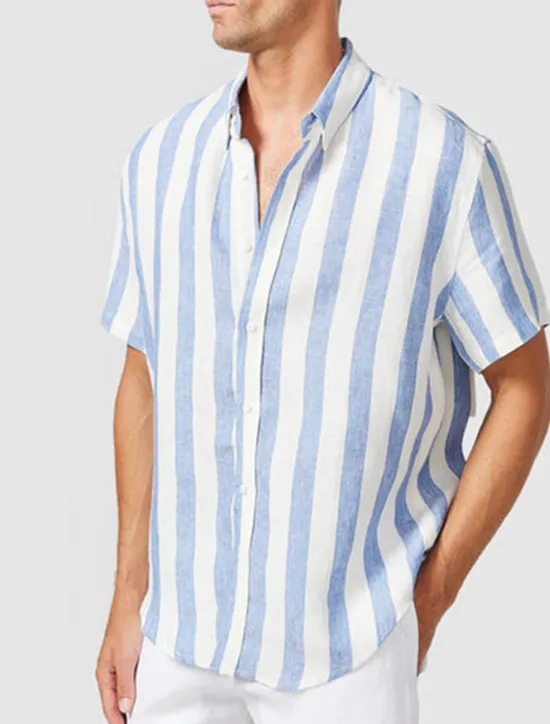 Best OUKU Men's Shirt Summer Shirt Casual Shirt Beach Shirt Button Up Shirt Short Sleeve Stripes Lapel Vacation Daily Clothing Apparel Cotton Cotton Blend Fashion Casual Comfortable Blue