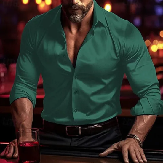 Outlet OUKU Men's Shirt Summer Shirt Casual Shirt Beach Shirt Button Up Shirt Black White Blue Green Drak Red Long Sleeve Plain Lapel Vacation Hawaiian Clothing Apparel Polyester Fashion Casual Comfortable