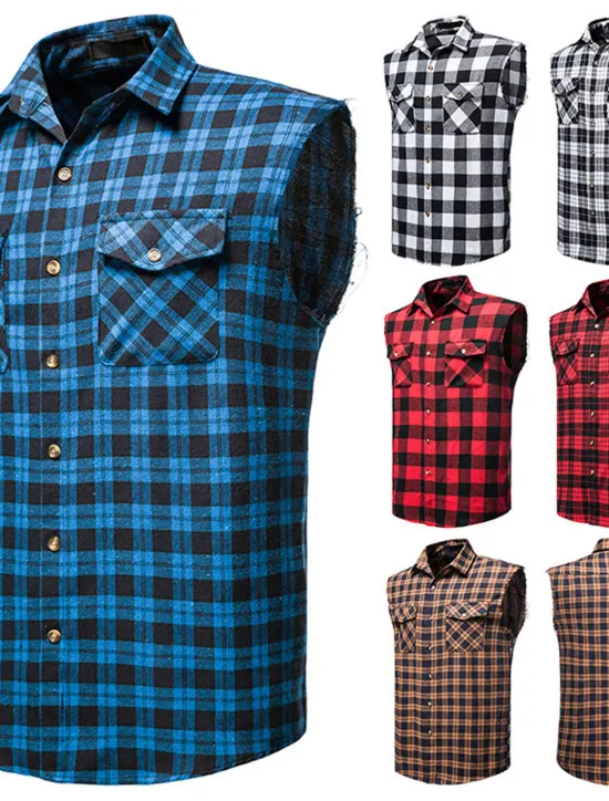 Outlet OUKU Men's Shirt Summer Shirt Casual Shirt Button Up Shirt Checked Shirts Black Wine Red khaki Gray Sleeveless Plaid Graphic Prints Turndown Vacation Street Print Clothing Apparel Cotton Cotton Blend