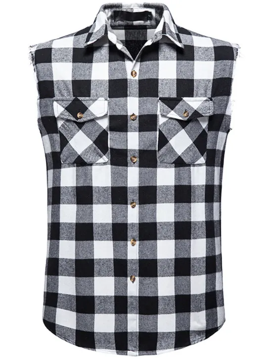Outlet OUKU Men's Shirt Summer Shirt Casual Shirt Button Up Shirt Checked Shirts Black Wine Red khaki Gray Sleeveless Plaid Graphic Prints Turndown Vacation Street Print Clothing Apparel Cotton Cotton Blend