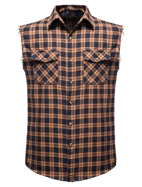 Outlet OUKU Men's Shirt Summer Shirt Casual Shirt Button Up Shirt Checked Shirts Black Wine Red khaki Gray Sleeveless Plaid Graphic Prints Turndown Vacation Street Print Clothing Apparel Cotton Cotton Blend