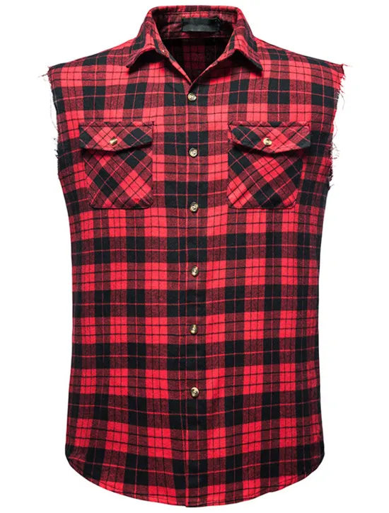 Outlet OUKU Men's Shirt Summer Shirt Casual Shirt Button Up Shirt Checked Shirts Black Wine Red khaki Gray Sleeveless Plaid Graphic Prints Turndown Vacation Street Print Clothing Apparel Cotton Cotton Blend