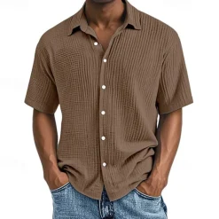 Hot OUKU Men's Shirt Summer Shirt Casual Shirt Beach Shirt Button Up Shirt Black White Wine Navy Blue Brown Short Sleeve Plain Lapel Vacation Hawaiian Pleats Clothing Apparel 100% Cotton Fashion Casual