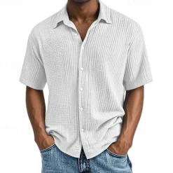 Hot OUKU Men's Shirt Summer Shirt Casual Shirt Beach Shirt Button Up Shirt Black White Wine Navy Blue Brown Short Sleeve Plain Lapel Vacation Hawaiian Pleats Clothing Apparel 100% Cotton Fashion Casual
