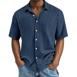 Hot OUKU Men's Shirt Summer Shirt Casual Shirt Beach Shirt Button Up Shirt Black White Wine Navy Blue Brown Short Sleeve Plain Lapel Vacation Hawaiian Pleats Clothing Apparel 100% Cotton Fashion Casual