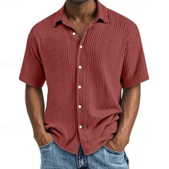 Hot OUKU Men's Shirt Summer Shirt Casual Shirt Beach Shirt Button Up Shirt Black White Wine Navy Blue Brown Short Sleeve Plain Lapel Vacation Hawaiian Pleats Clothing Apparel 100% Cotton Fashion Casual