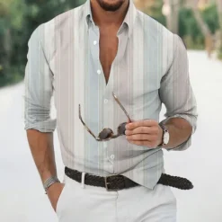 OUKU Men's Shirt Summer Shirt Casual Shirt Beach Shirt Button Up Shirt Striped Shirts Yellow Pink Coffee Light Blue Long Sleeve Stripes Turndown Vacation Hawaiian Button-Down Clothing Apparel Polyester