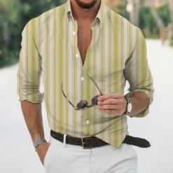 OUKU Men's Shirt Summer Shirt Casual Shirt Beach Shirt Button Up Shirt Striped Shirts Yellow Pink Coffee Light Blue Long Sleeve Stripes Turndown Vacation Hawaiian Button-Down Clothing Apparel Polyester