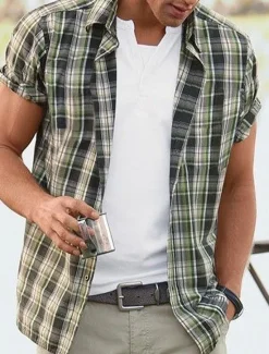 Sale OUKU Men's Shirt Summer Shirt Casual Shirt Button Up Shirt Checked Shirts Yellow Blue Short Sleeve Plaid Graphic Prints Turndown Vacation Street Print Clothing Apparel Cotton Cotton Blend Fashion Casual