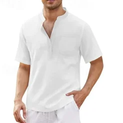 Discount OUKU Men's Shirt Summer Shirt Casual Shirt Beach Shirt Button Up Shirt Black White Blue Deep Blue Army Green Short Sleeve Plain Standing Collar Vacation Hawaiian Pocket Clothing Apparel Polyester Fashion