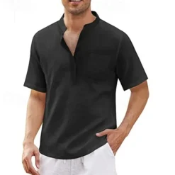 Discount OUKU Men's Shirt Summer Shirt Casual Shirt Beach Shirt Button Up Shirt Black White Blue Deep Blue Army Green Short Sleeve Plain Standing Collar Vacation Hawaiian Pocket Clothing Apparel Polyester Fashion