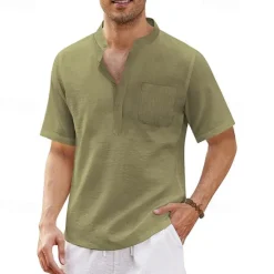 Discount OUKU Men's Shirt Summer Shirt Casual Shirt Beach Shirt Button Up Shirt Black White Blue Deep Blue Army Green Short Sleeve Plain Standing Collar Vacation Hawaiian Pocket Clothing Apparel Polyester Fashion