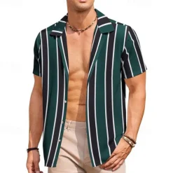 Online OUKU Men's Shirt Summer Shirt Casual Shirt Beach Shirt Button Up Shirt Blue Green Short Sleeve Stripes Camp Collar Vacation Hawaiian Clothing Apparel Polyester Fashion Casual Comfortable