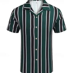 Online OUKU Men's Shirt Summer Shirt Casual Shirt Beach Shirt Button Up Shirt Blue Green Short Sleeve Stripes Camp Collar Vacation Hawaiian Clothing Apparel Polyester Fashion Casual Comfortable