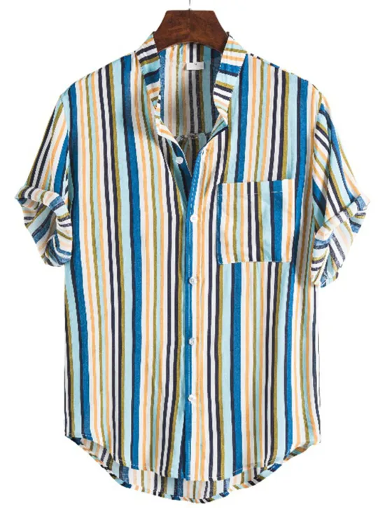 New OUKU Men's Shirt Summer Shirt Casual Shirt Button Up Shirt Striped Shirts Yellow Blue Red Dark Blue Short Sleeve Striped Band Collar Vacation Street Print Clothing Apparel 100% Cotton Stylish Classic