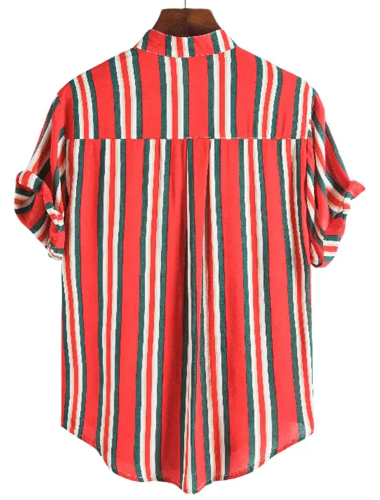 New OUKU Men's Shirt Summer Shirt Casual Shirt Button Up Shirt Striped Shirts Yellow Blue Red Dark Blue Short Sleeve Striped Band Collar Vacation Street Print Clothing Apparel 100% Cotton Stylish Classic