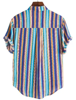 New OUKU Men's Shirt Summer Shirt Casual Shirt Button Up Shirt Striped Shirts Yellow Blue Red Dark Blue Short Sleeve Striped Band Collar Vacation Street Print Clothing Apparel 100% Cotton Stylish Classic