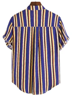 New OUKU Men's Shirt Summer Shirt Casual Shirt Button Up Shirt Striped Shirts Yellow Blue Red Dark Blue Short Sleeve Striped Band Collar Vacation Street Print Clothing Apparel 100% Cotton Stylish Classic
