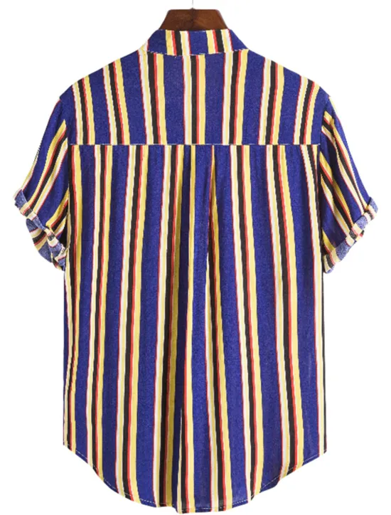 New OUKU Men's Shirt Summer Shirt Casual Shirt Button Up Shirt Striped Shirts Yellow Blue Red Dark Blue Short Sleeve Striped Band Collar Vacation Street Print Clothing Apparel 100% Cotton Stylish Classic