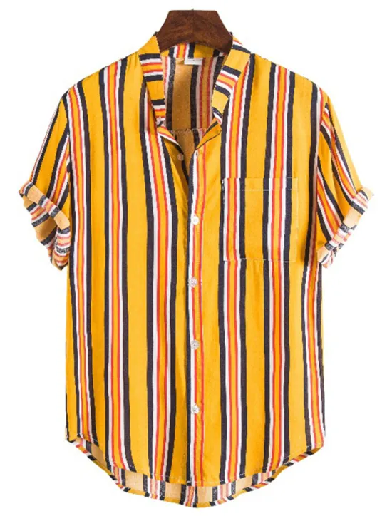 New OUKU Men's Shirt Summer Shirt Casual Shirt Button Up Shirt Striped Shirts Yellow Blue Red Dark Blue Short Sleeve Striped Band Collar Vacation Street Print Clothing Apparel 100% Cotton Stylish Classic