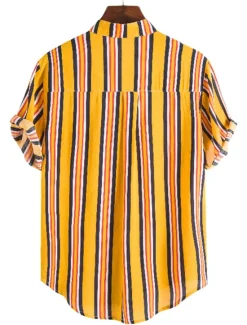 New OUKU Men's Shirt Summer Shirt Casual Shirt Button Up Shirt Striped Shirts Yellow Blue Red Dark Blue Short Sleeve Striped Band Collar Vacation Street Print Clothing Apparel 100% Cotton Stylish Classic