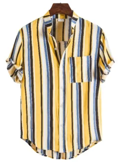 New OUKU Men's Shirt Summer Shirt Casual Shirt Button Up Shirt Striped Shirts Yellow Blue Red Dark Blue Short Sleeve Striped Band Collar Vacation Street Print Clothing Apparel 100% Cotton Stylish Classic