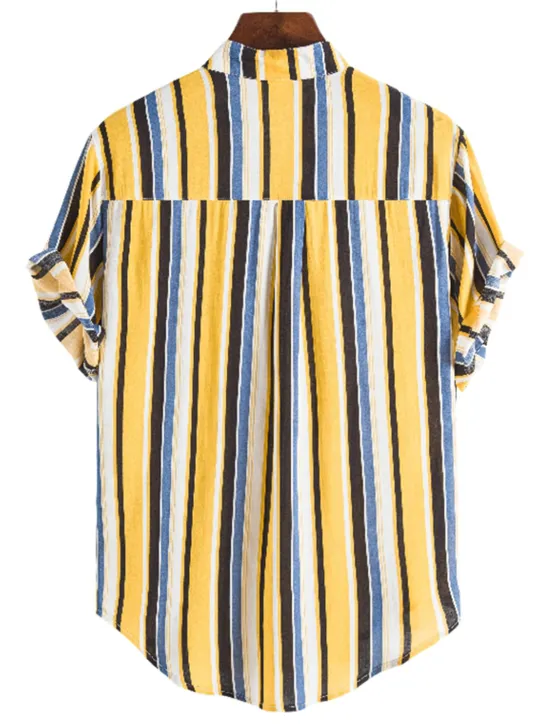 New OUKU Men's Shirt Summer Shirt Casual Shirt Button Up Shirt Striped Shirts Yellow Blue Red Dark Blue Short Sleeve Striped Band Collar Vacation Street Print Clothing Apparel 100% Cotton Stylish Classic