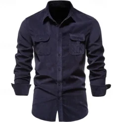 OUKU Men's Shirt Summer Shirt Corduroy Shirt Button Up Shirt Yellow Red Dark Navy Green Long Sleeve Plain Turndown Casual Daily Button-Down Clothing Apparel Cotton Fashion Streetwear Classic