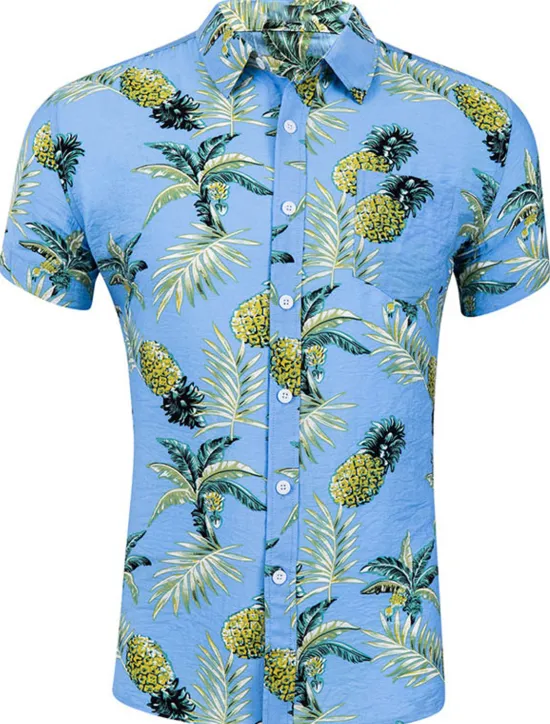 Clearance OUKU Men's Shirt Summer Shirt Casual Shirt Beach Shirt Summer Hawaiian Shirt Button Up Shirt Light Yellow White Yellow Navy Blue Blue Short Sleeve Pineapple Leaves Turndown Street Daily Print Clothing