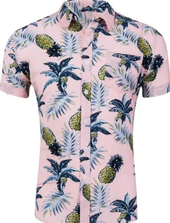Clearance OUKU Men's Shirt Summer Shirt Casual Shirt Beach Shirt Summer Hawaiian Shirt Button Up Shirt Light Yellow White Yellow Navy Blue Blue Short Sleeve Pineapple Leaves Turndown Street Daily Print Clothing