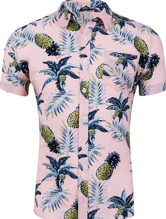 Clearance OUKU Men's Shirt Summer Shirt Casual Shirt Beach Shirt Summer Hawaiian Shirt Button Up Shirt Light Yellow White Yellow Navy Blue Blue Short Sleeve Pineapple Leaves Turndown Street Daily Print Clothing