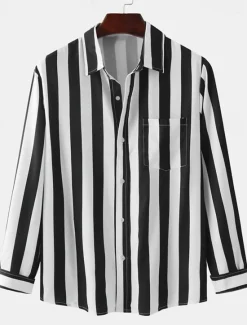 Clearance OUKU Men's Shirt Summer Shirt Casual Shirt Button Up Shirt Striped Shirts Black Royal Blue Blue Red Gray Long Sleeve Striped Turndown Vacation Street Front Pocket Clothing Apparel Polyester Stylish