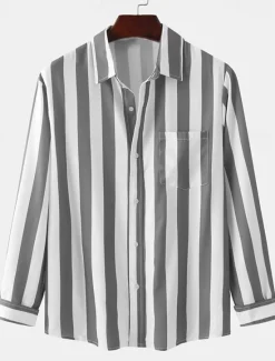 Clearance OUKU Men's Shirt Summer Shirt Casual Shirt Button Up Shirt Striped Shirts Black Royal Blue Blue Red Gray Long Sleeve Striped Turndown Vacation Street Front Pocket Clothing Apparel Polyester Stylish
