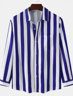 Clearance OUKU Men's Shirt Summer Shirt Casual Shirt Button Up Shirt Striped Shirts Black Royal Blue Blue Red Gray Long Sleeve Striped Turndown Vacation Street Front Pocket Clothing Apparel Polyester Stylish